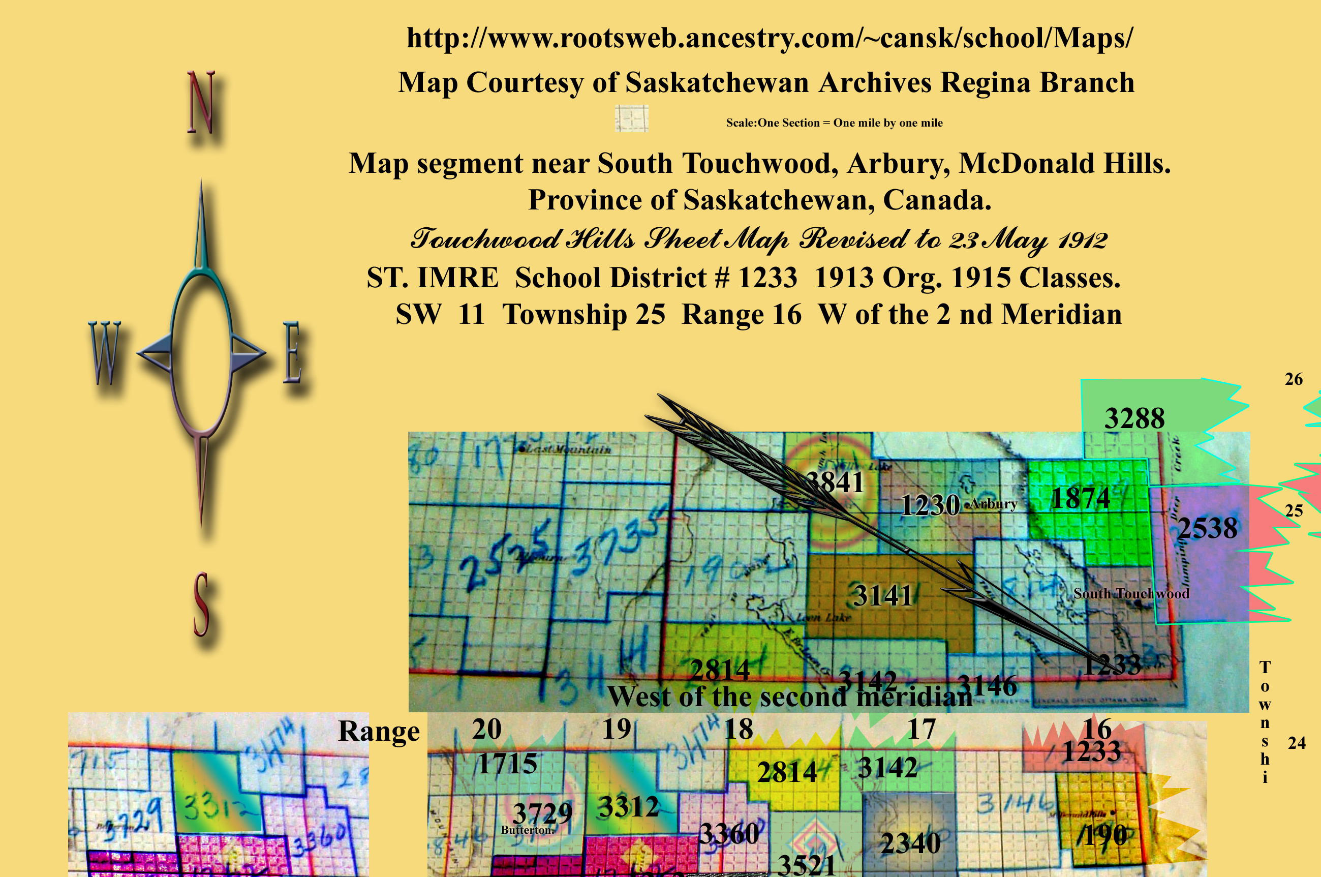 ST. IMRE 	School District # 1233 MAP 	1913 Org. 1915 Classes.  	SW 	11 	Township 25 	Range 16 	W of the 2 nd Meridian 	near McDonald Hills, South Touchwood, Arbury,